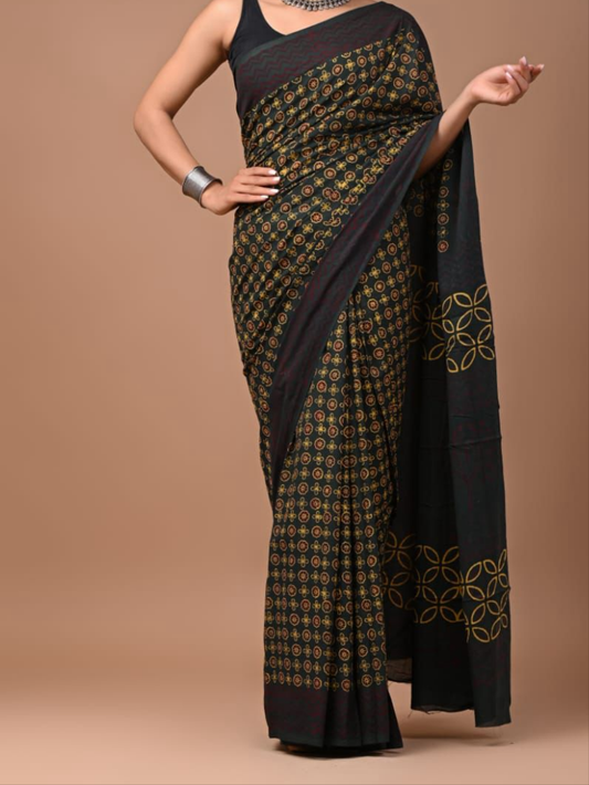 BAGRU HAND BLOCK PRINTED MULMUL COTTON SAREE