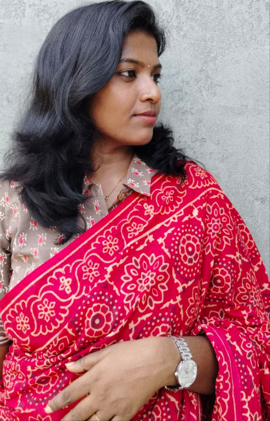 BAGRU HAND BLOCK PRINTED MULMUL COTTON SAREE