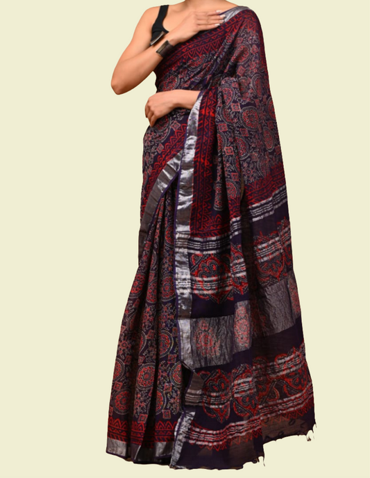 BAGRU HAND BLOCK PRINTED NAVY BLUE COTTON LINEN SAREE,FLORAL PRINTS