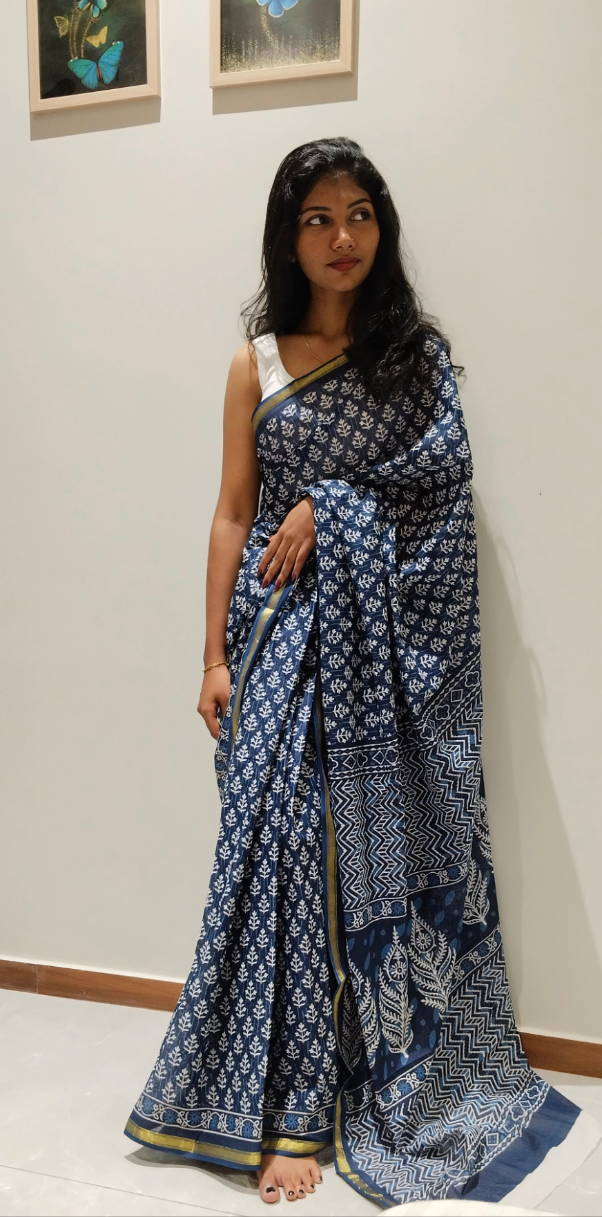 TRADITIONAL PRINTED COTTON SAREE WITH SMALL ZARI BORDER