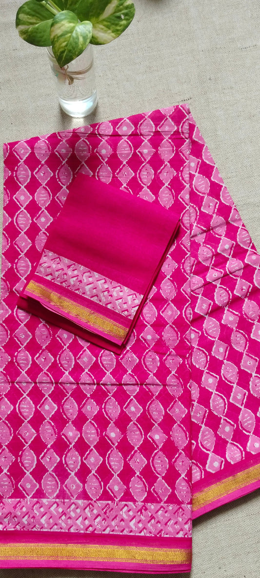 TRADITIONAL PRINTED COTTON SAREE WITH SMALL ZARI BORDER