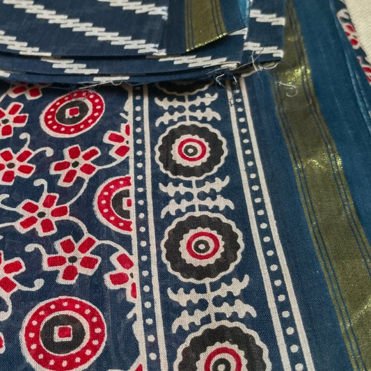 TRADITIONAL PRINTED BLUE COTTON SAREE WITH SMALL ZARI BORDER