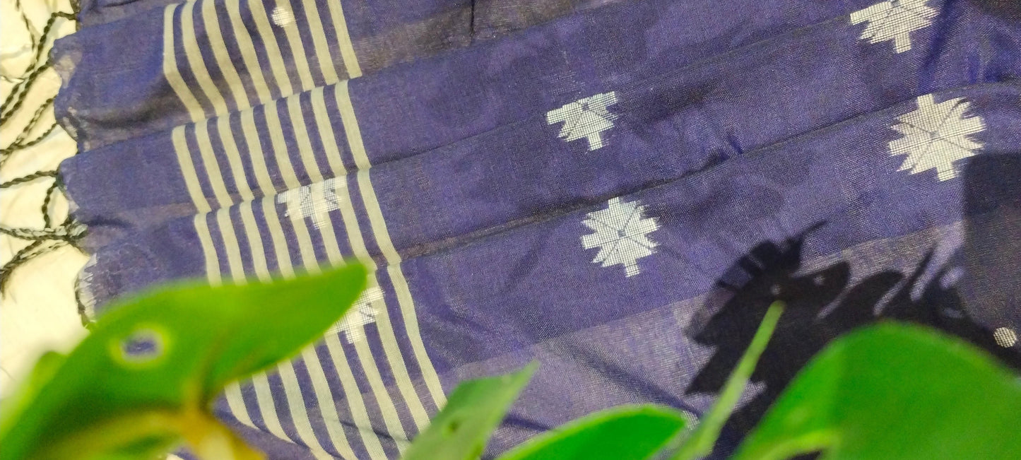 NAVY BLUE-KHADI COTTON SAREE WITH THREAD WOVEN FLORAL BUTTAS AND SIMPLE BORDER