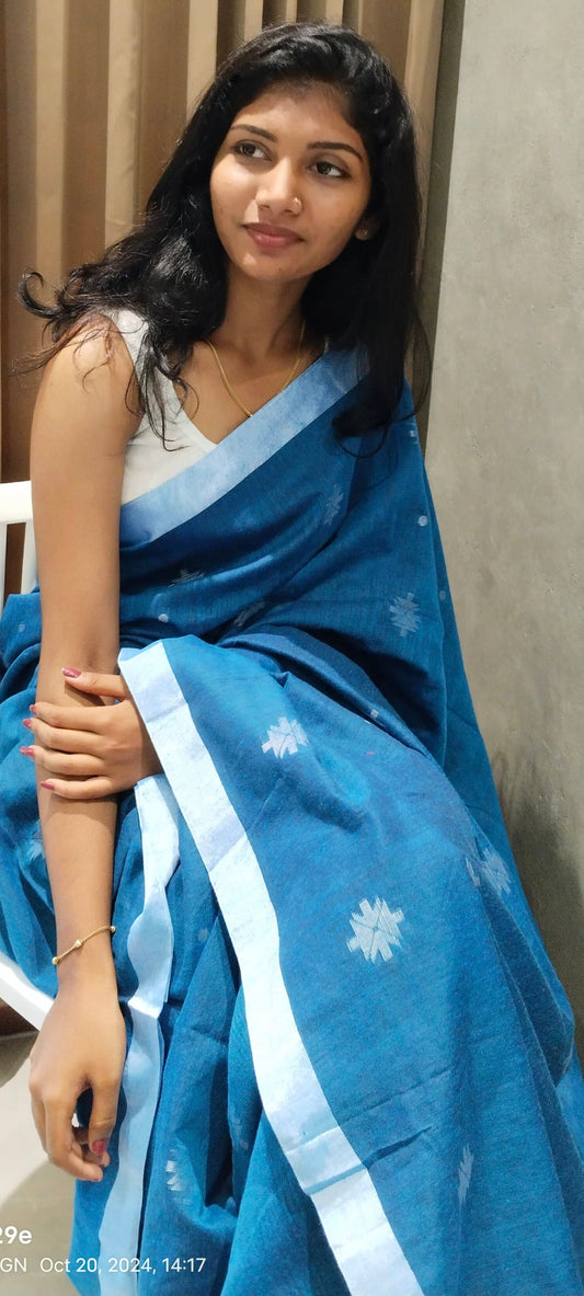 DEEP BLUE-KHADI COTTON SAREE WITH THREAD WOVEN FLORAL BUTTAS AND SIMPLE BORDER