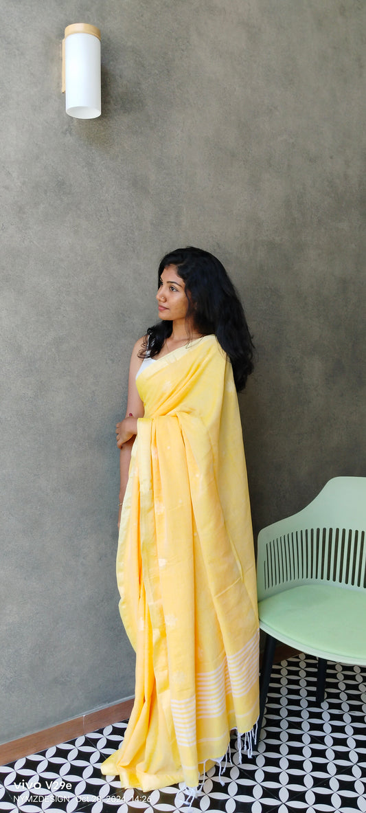 YELLOW- KHADI COTTON SAREE WITH THREAD WOVEN FLORAL BUTTAS AND SIMPLE BORDER
