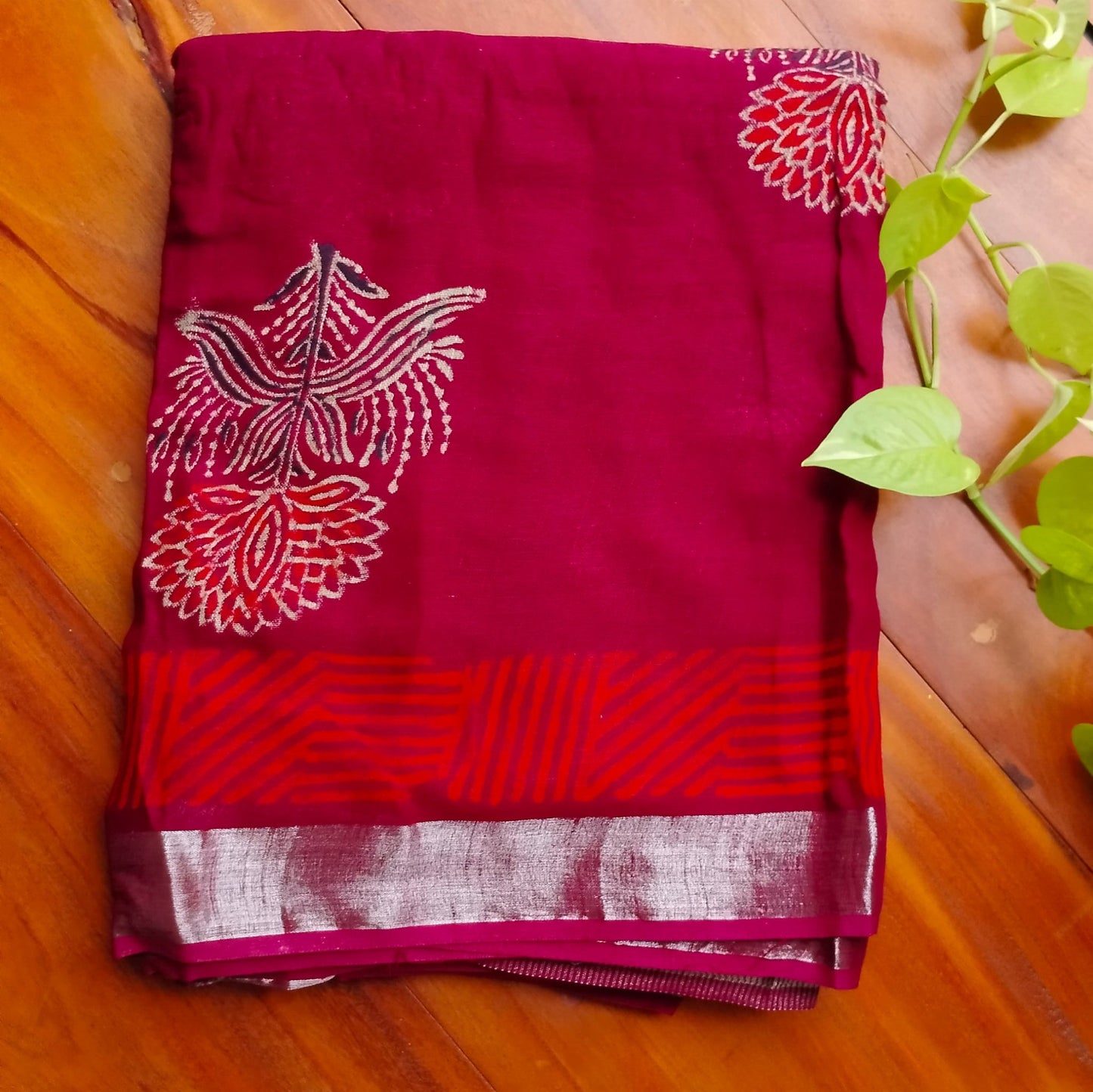 BAGRU HAND BLOCK PRINTED MAROON COTTON LINEN SAREE