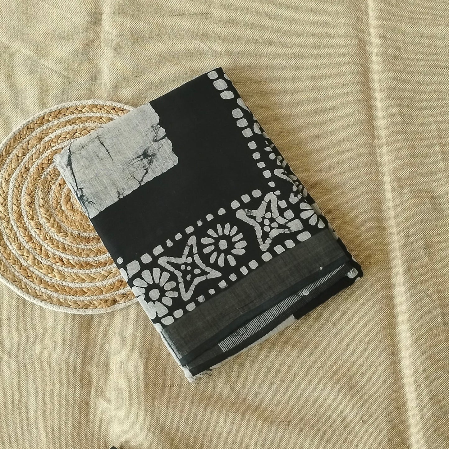BAGRU HAND BLOCK PRINTED BLACK AND WHITE COTTON LINEN SAREE