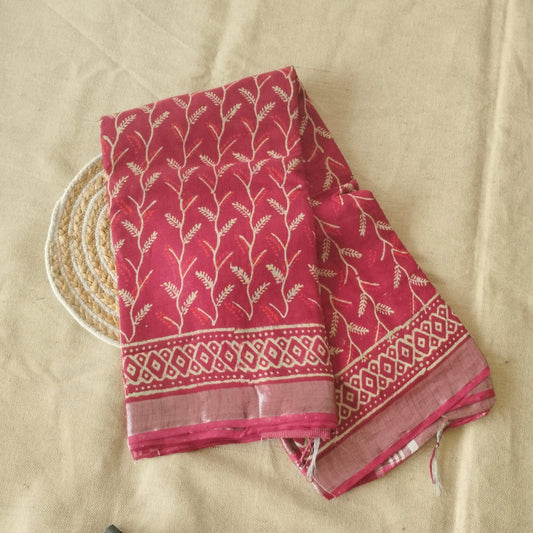 BAGRU HAND BLOCK PRINTED MAROON COTTON LINEN SAREE,FLORAL PRINTS