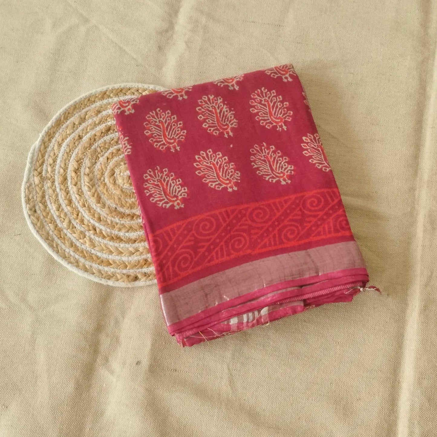 BAGRU HAND BLOCK PRINTED MAROON COTTON LINEN SAREE,FLORAL PRINTS