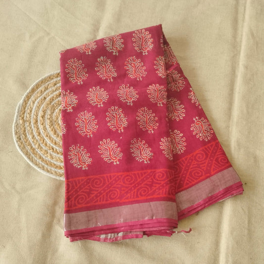 BAGRU HAND BLOCK PRINTED MAROON COTTON LINEN SAREE,FLORAL PRINTS