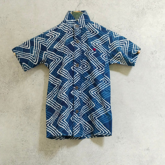 Handcrafted indigo cotton shirt for boys with small star embroidery-Onam festive collection for ages 1 to 5 years
