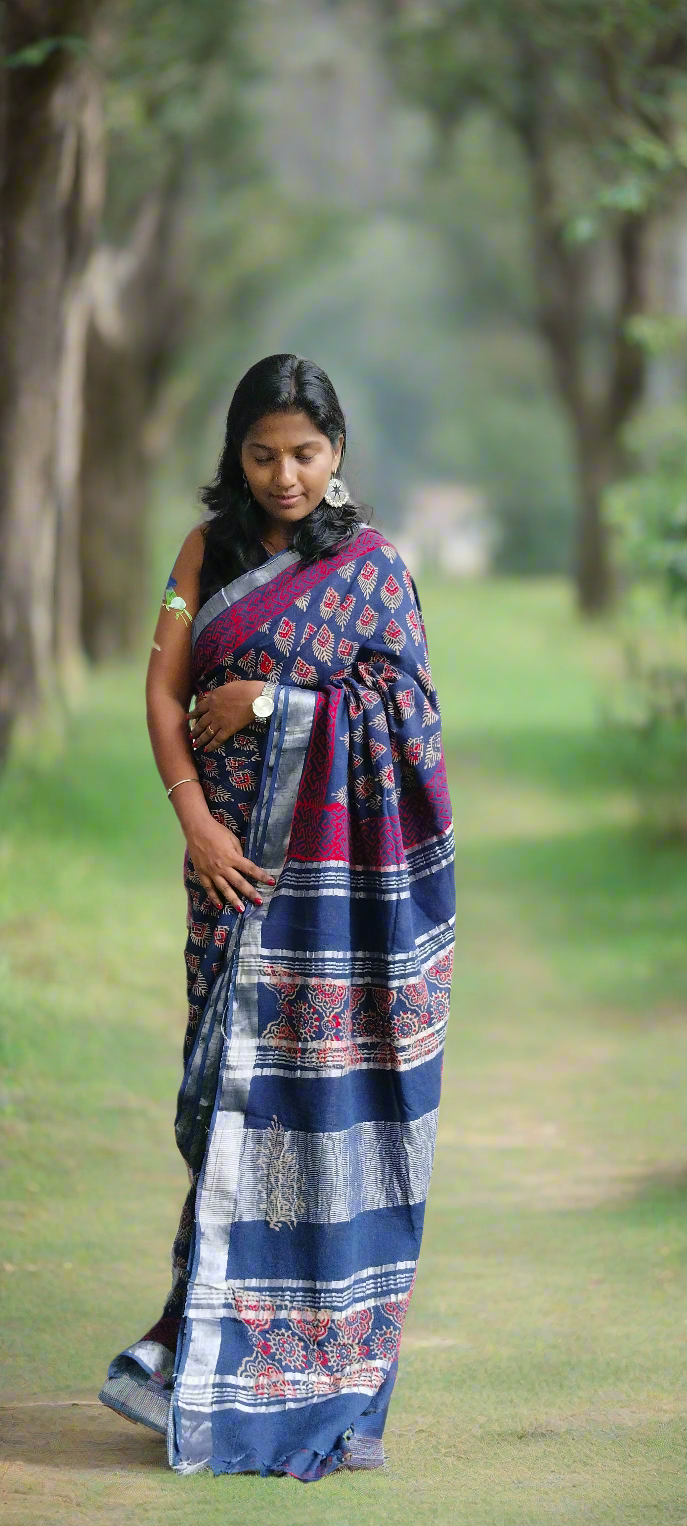 BAGRU HAND BLOCK PRINTED NAVY BLUE COTTON LINEN SAREE,FLORAL PRINTS