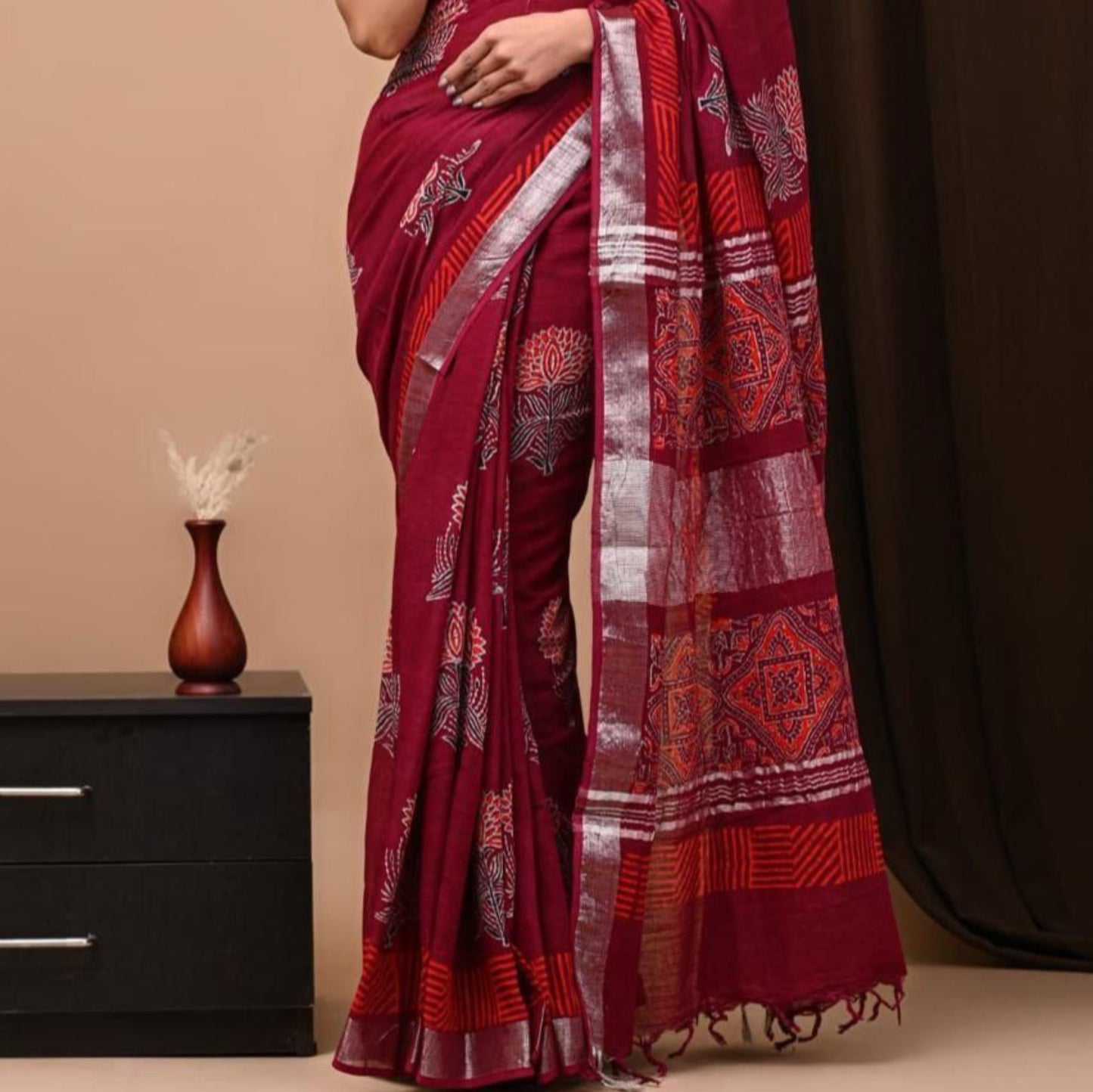 BAGRU HAND BLOCK PRINTED MAROON COTTON LINEN SAREE