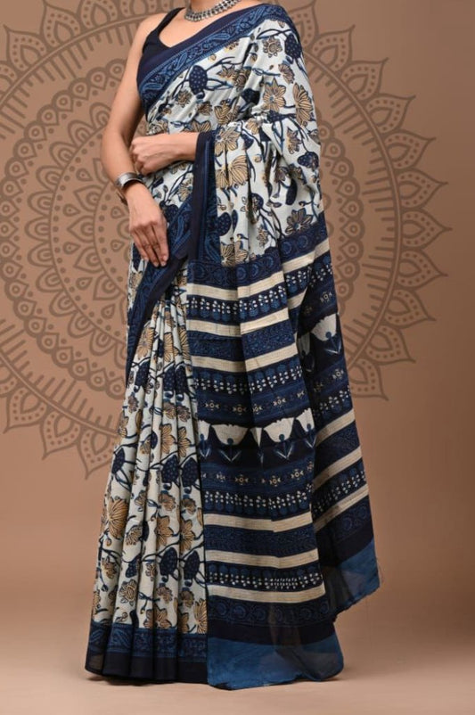 BAGRU HAND BLOCK PRINTED MULMUL COTTON SAREE