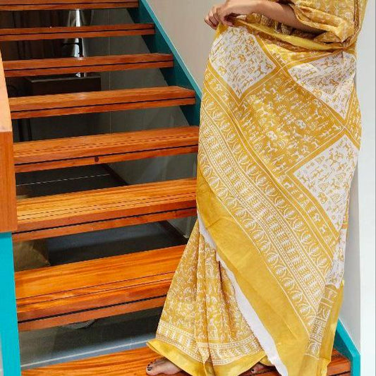 TRADITIONAL PRINTED COTTON SAREE WITH SMALL ZARI BORDER