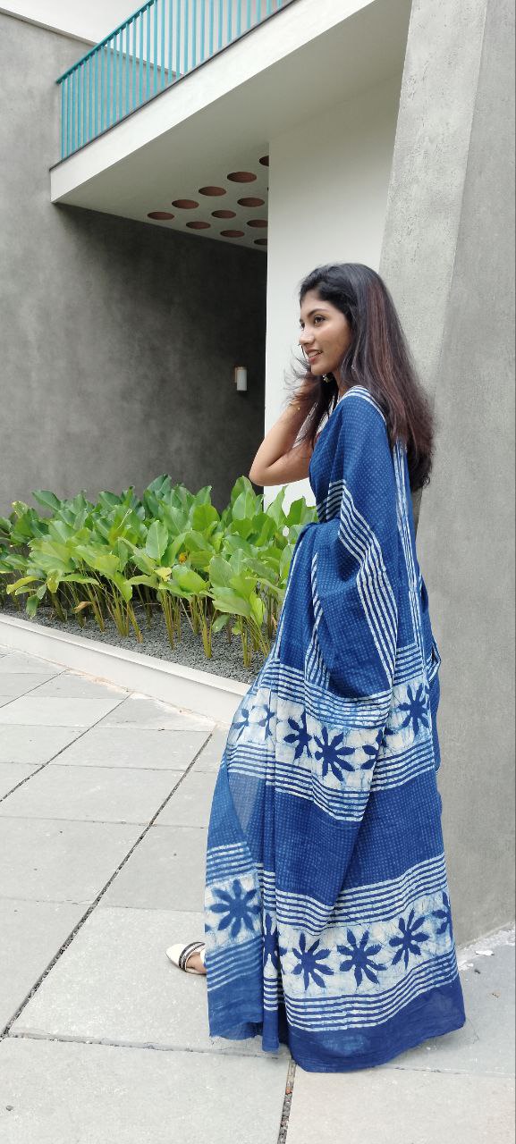 BAGRU INDIGO HAND BLOCK PRINTED MULMUL COTTON SAREE