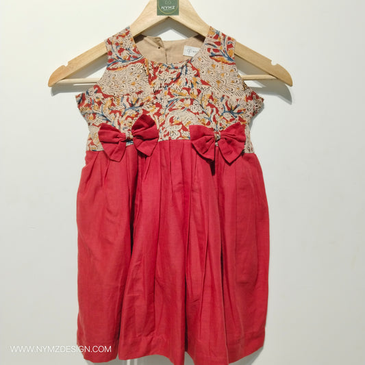 Red Cotton Kalamkari Frock for Girls | Handcrafted Kidswear (Age 1–5 Years)