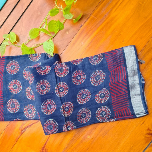 BAGRU HAND BLOCK PRINTED BLUE COTTON LINEN SAREE