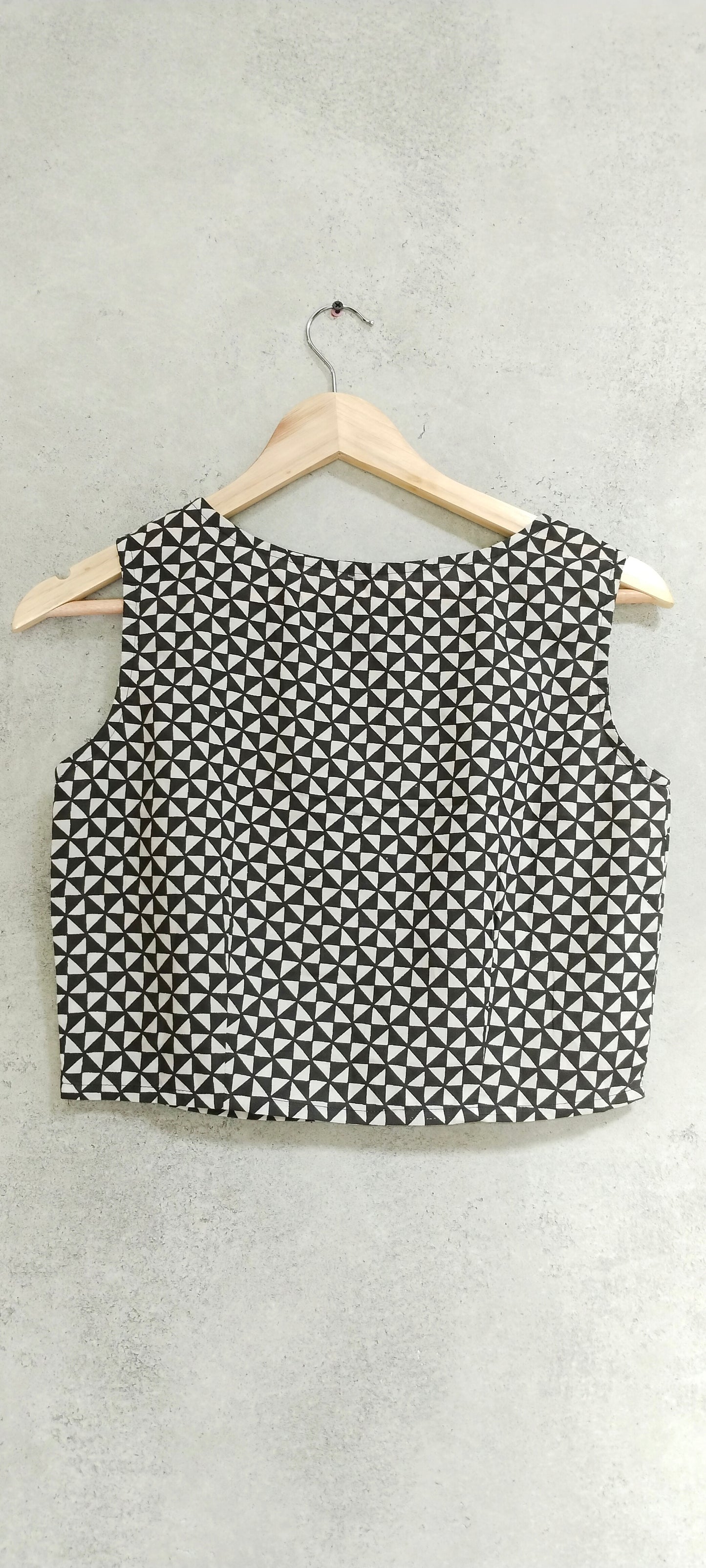 Black cotton block printed Sleeveless Blouse With Boat Neck