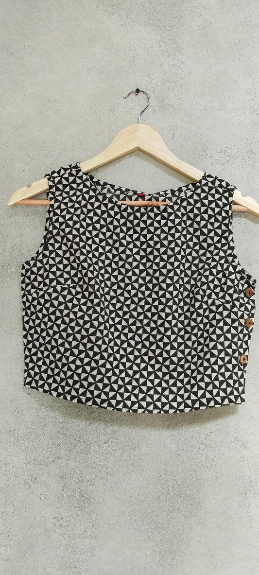 Black cotton block printed Sleeveless Blouse With Boat Neck