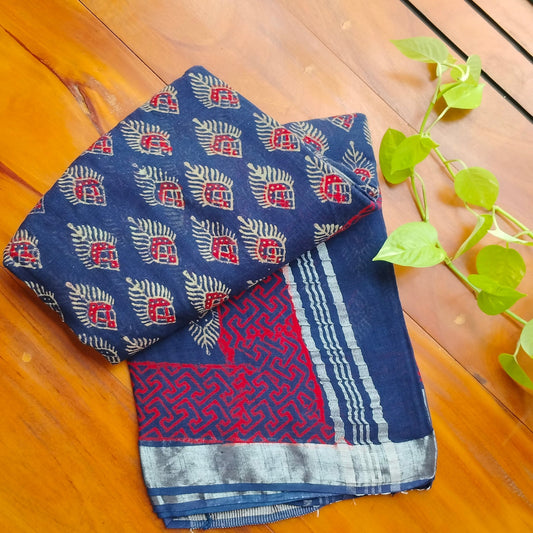 BAGRU HAND BLOCK PRINTED NAVY BLUE COTTON LINEN SAREE,FLORAL PRINTS
