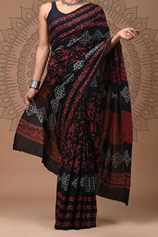 BAGRU HAND BLOCK PRINTED MULMUL COTTON SAREE