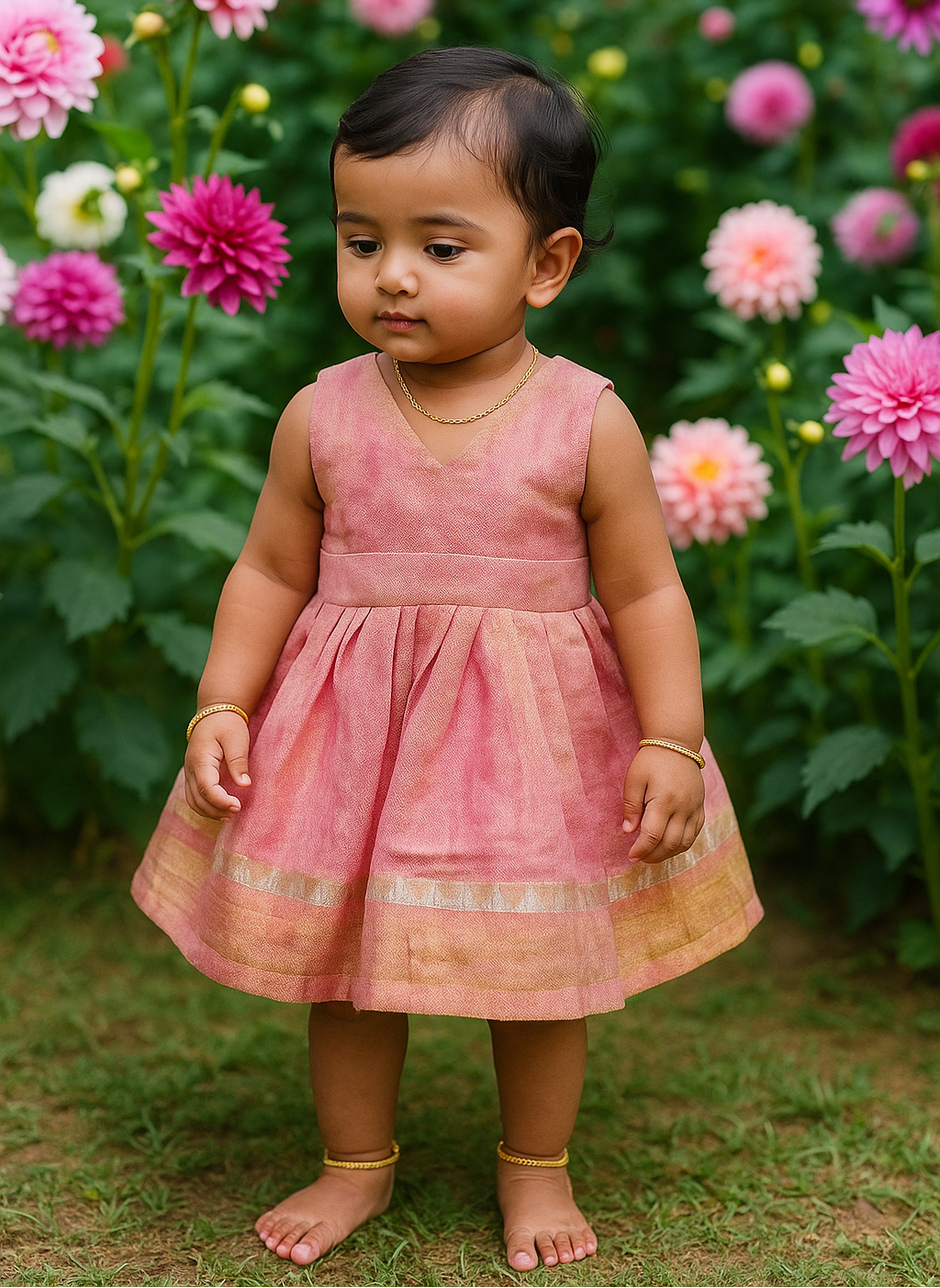 Blush Bloom Tissue Linen Frock- Party Wear fir Girls(1-2 Years)