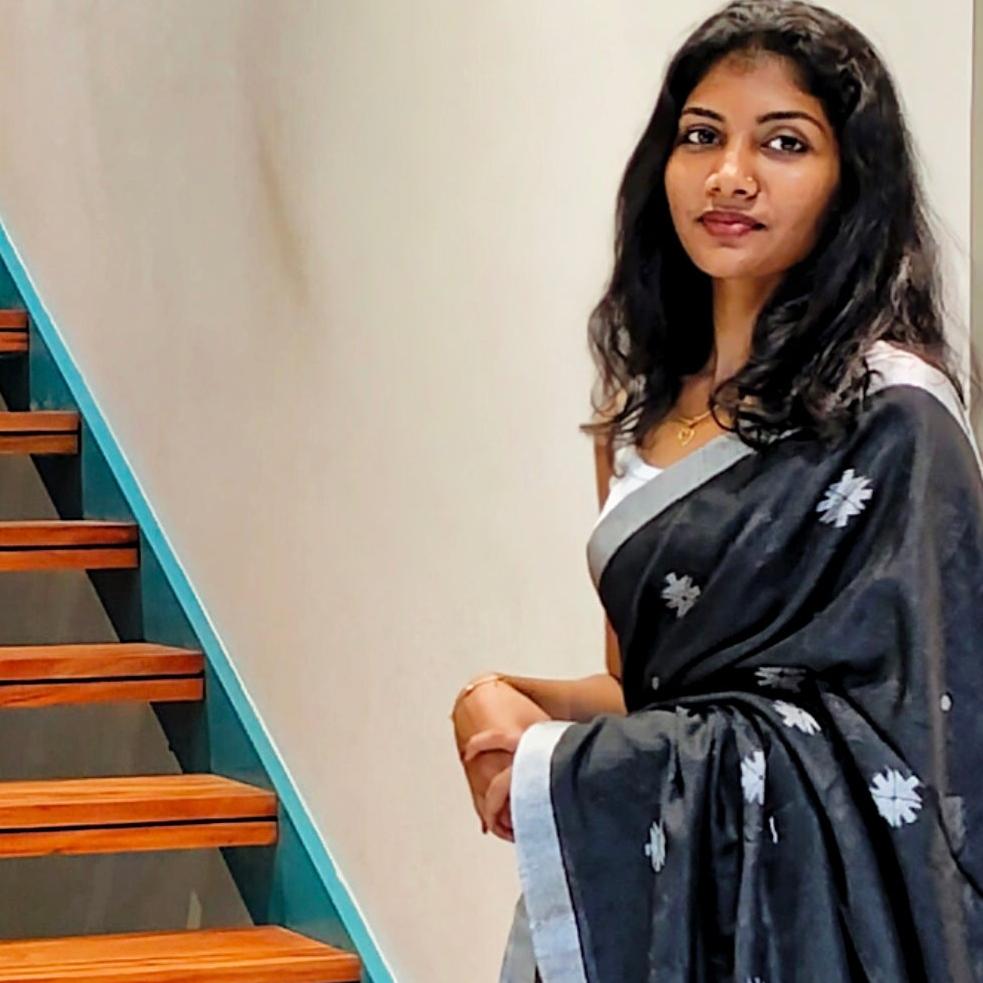 BLACK- KHADI COTTON SAREE WITH THREAD WOVEN FLORAL BUTTAS AND SIMPLE BORDER