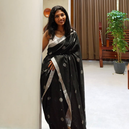 BLACK- KHADI COTTON SAREE WITH THREAD WOVEN FLORAL BUTTAS AND SIMPLE BORDER