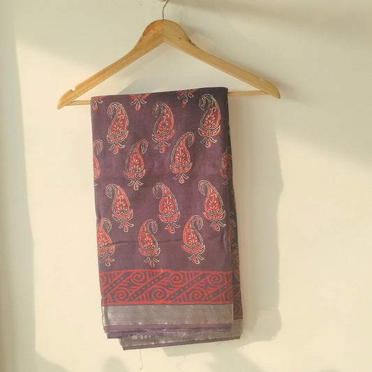 BAGRU HAND BLOCK PRINTED COTTON LINEN SAREE,FLORAL PRINTS
