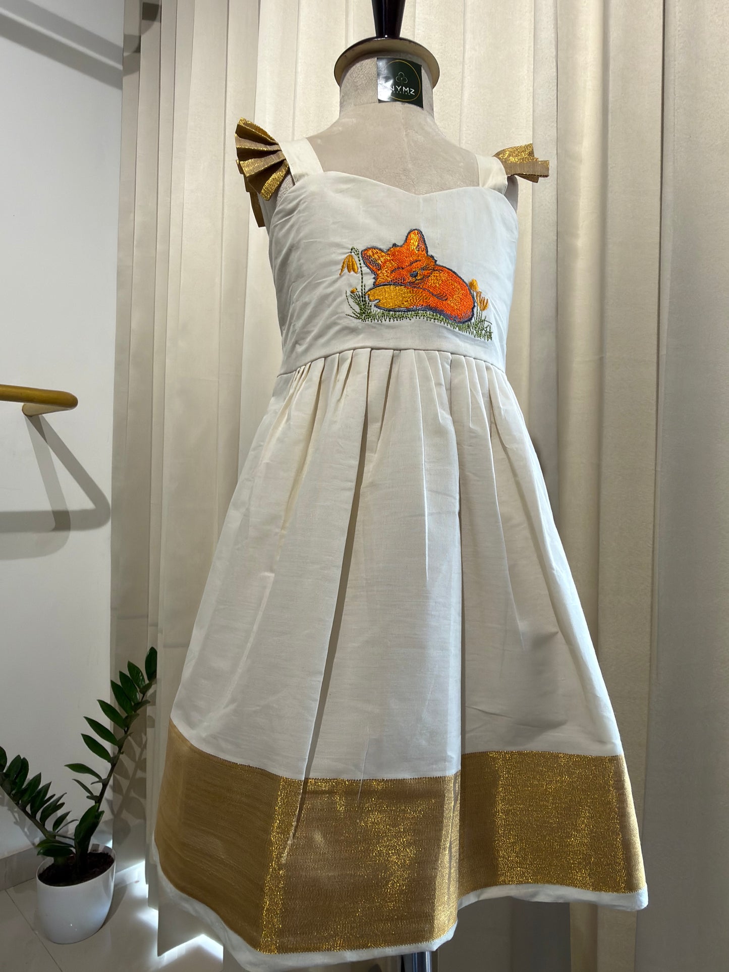 Onam Girl's Fox Embroidered Kasavu  Frock | Nila
