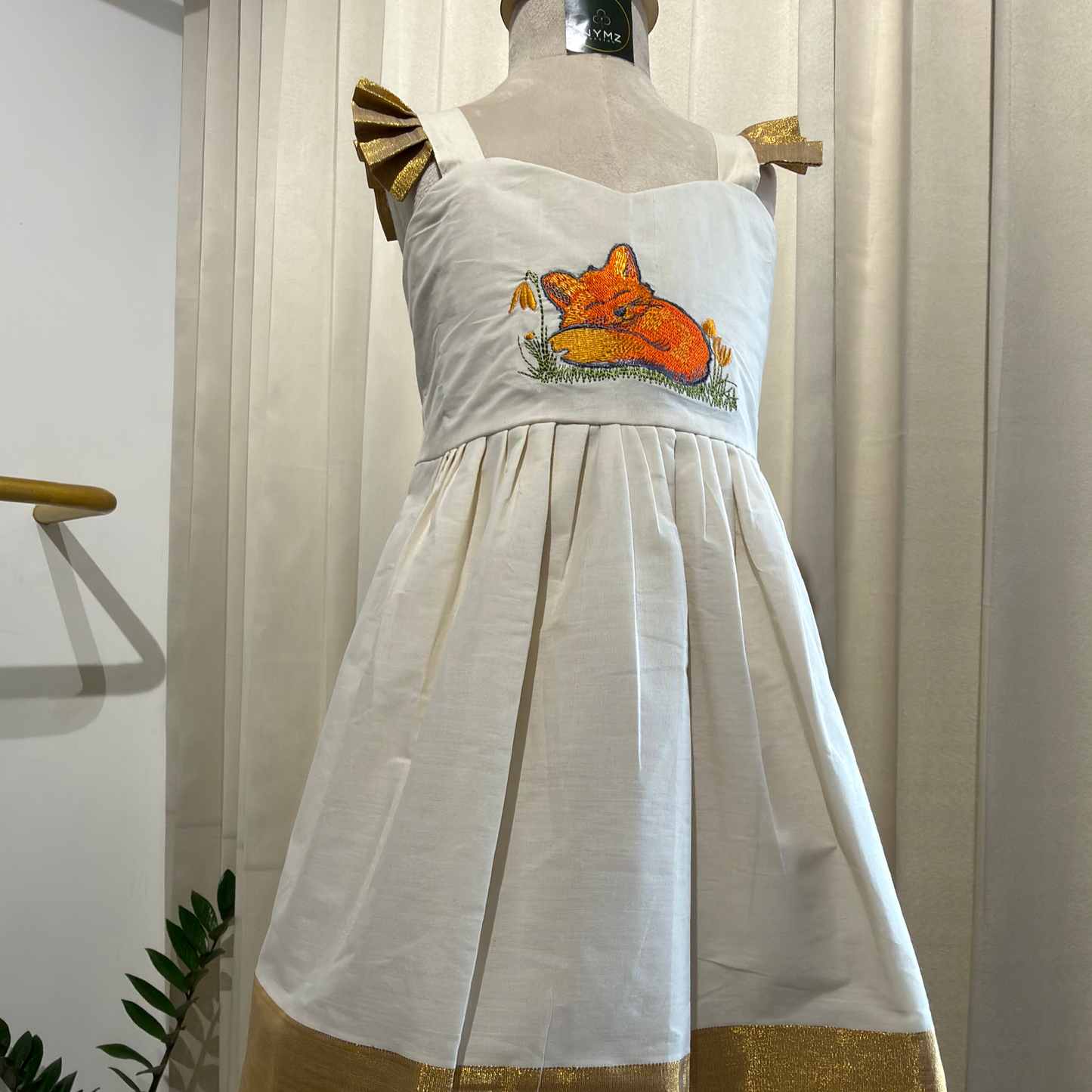 Onam Girl's Fox Embroidered Kasavu  Frock | Nila