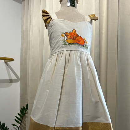 Onam Girl's Fox Embroidered Kasavu  Frock | Nila
