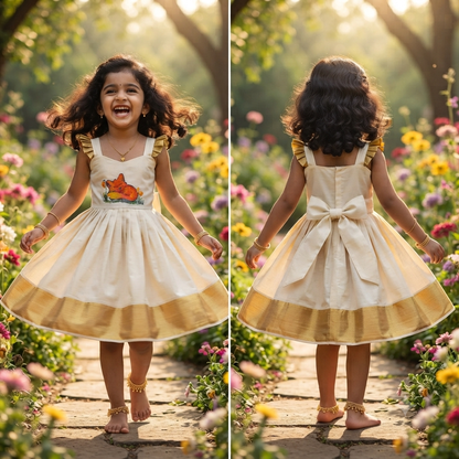 Onam Girl's Fox Embroidered Kasavu  Frock | Nila