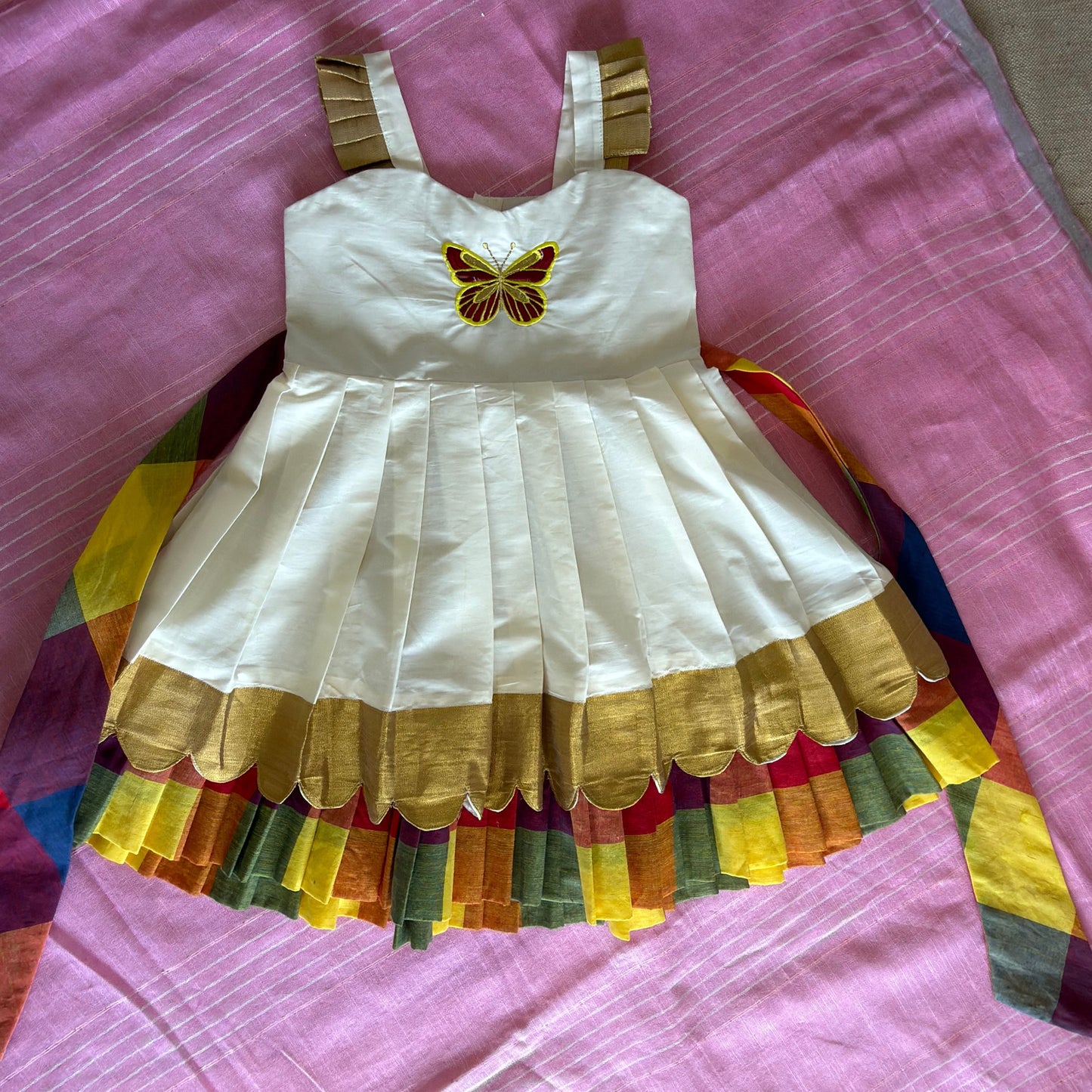 Onam Girl's Butterfly Embroidered Kasavu Madras Kattam Frock | Vani