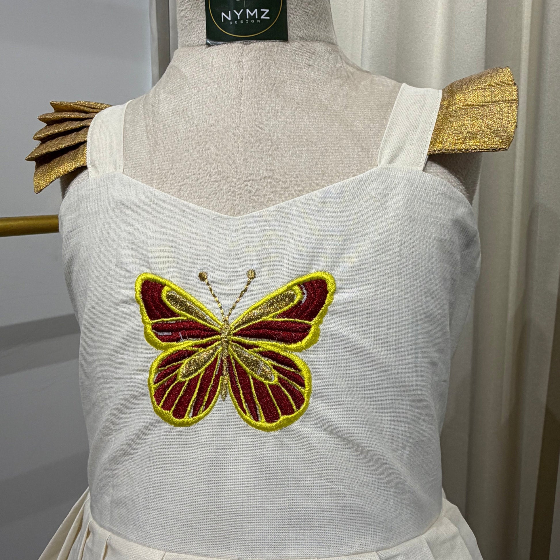 Butterfly Embroidered Onam Dress for Girls — Kasavu & Madras Kattam