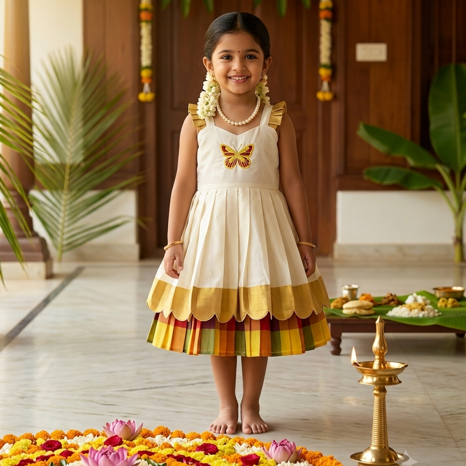 Onam Girl's Butterfly Embroidered Kasavu Madras Kattam Frock | Vani