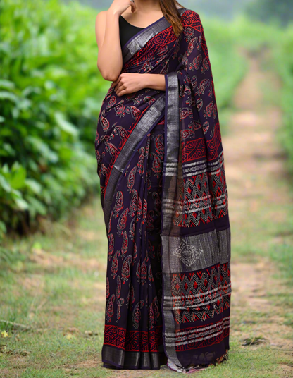 BAGRU HAND BLOCK PRINTED COTTON LINEN  SAREE,FLORAL PRINTS