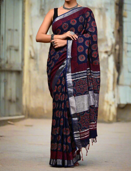 BAGRU HAND BLOCK PRINTED BLUE COTTON LINEN  SAREE