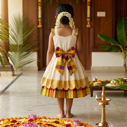 Onam Girl's Butterfly Embroidered Kasavu Madras Kattam Frock | Vani