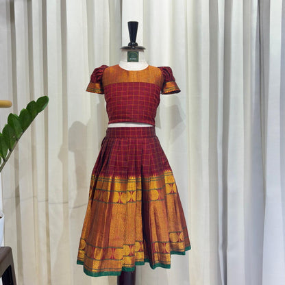 Kids Narayanpet cotton lehenga set or girls in traditional handwoven fabric, festive ethnic wear in maroon