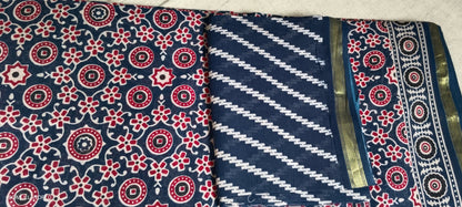 TRADITIONAL PRINTED  BLUE COTTON SAREE WITH SMALL ZARI BORDER