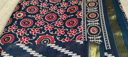 TRADITIONAL PRINTED  BLUE COTTON SAREE WITH SMALL ZARI BORDER