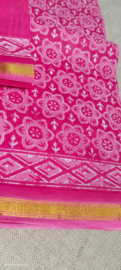 TRADITIONAL PRINTED COTTON SAREE WITH SMALL ZARI BORDER