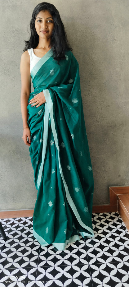 DARK GREEN- KHADI COTTON SAREE WITH THREAD WOVEN FLORAL BUTTAS AND SIMPLE BORDER