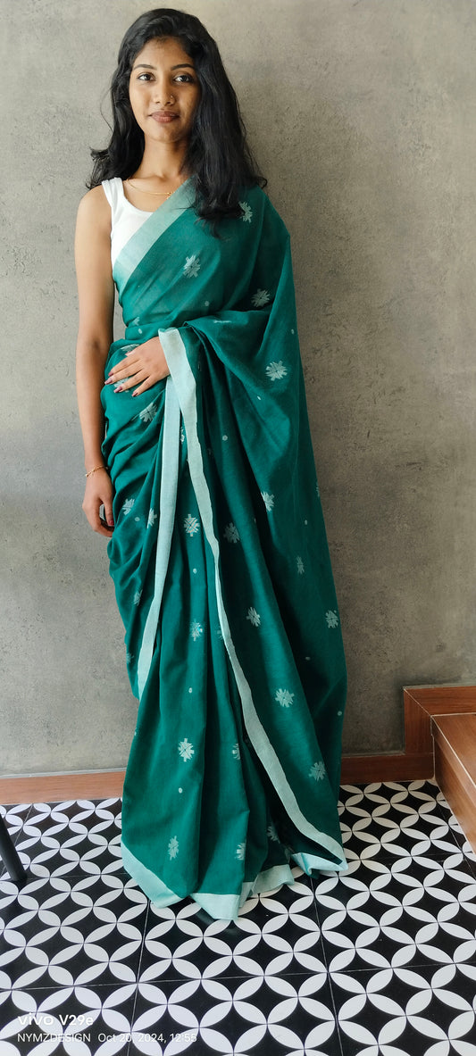 DARK GREEN- KHADI COTTON SAREE WITH THREAD WOVEN FLORAL BUTTAS AND SIMPLE BORDER