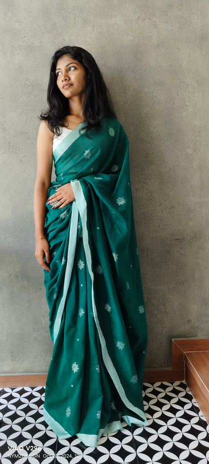 DARK GREEN- KHADI COTTON SAREE WITH THREAD WOVEN FLORAL BUTTAS AND SIMPLE BORDER