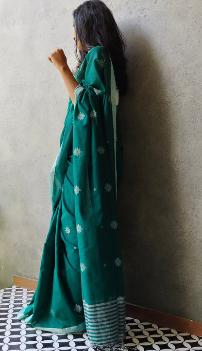 DARK GREEN- KHADI COTTON SAREE WITH THREAD WOVEN FLORAL BUTTAS AND SIMPLE BORDER