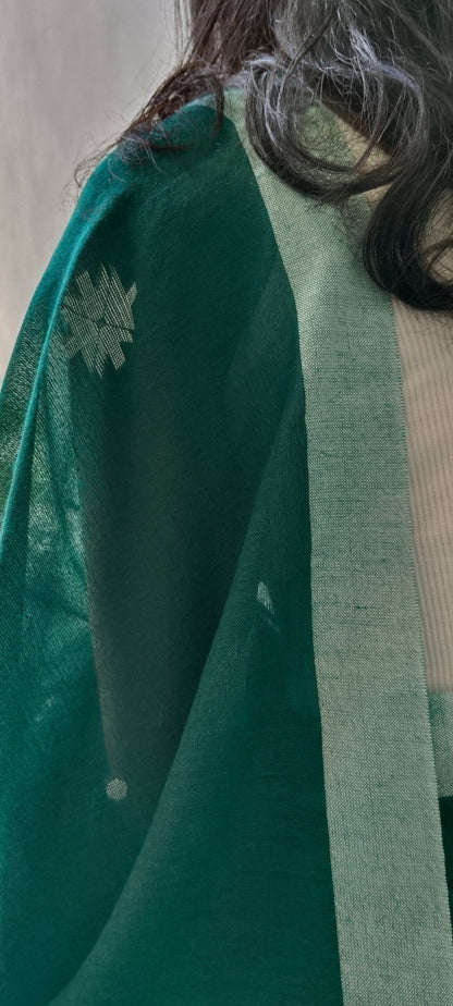 DARK GREEN- KHADI COTTON SAREE WITH THREAD WOVEN FLORAL BUTTAS AND SIMPLE BORDER