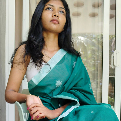 DARK GREEN- KHADI COTTON SAREE WITH THREAD WOVEN FLORAL BUTTAS AND SIMPLE BORDER